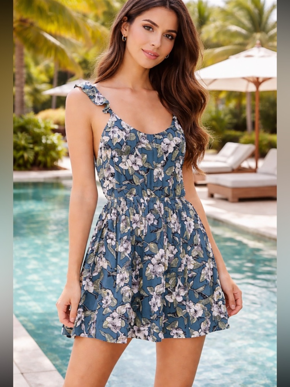 Free People Floral Ruffle Mini Dress Teal Backless Boho Size Large